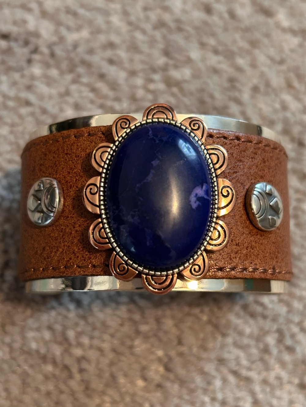Rare Brighton Boho Flower Cuff Bracelet 💙 Leather, Copper, Blue Sodalite Stone - Picture 9 of 15